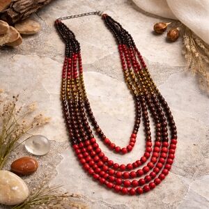 Vintage Multi Strand Boho Necklace Red Glass Wood Bead Tribal Statement Necklace
